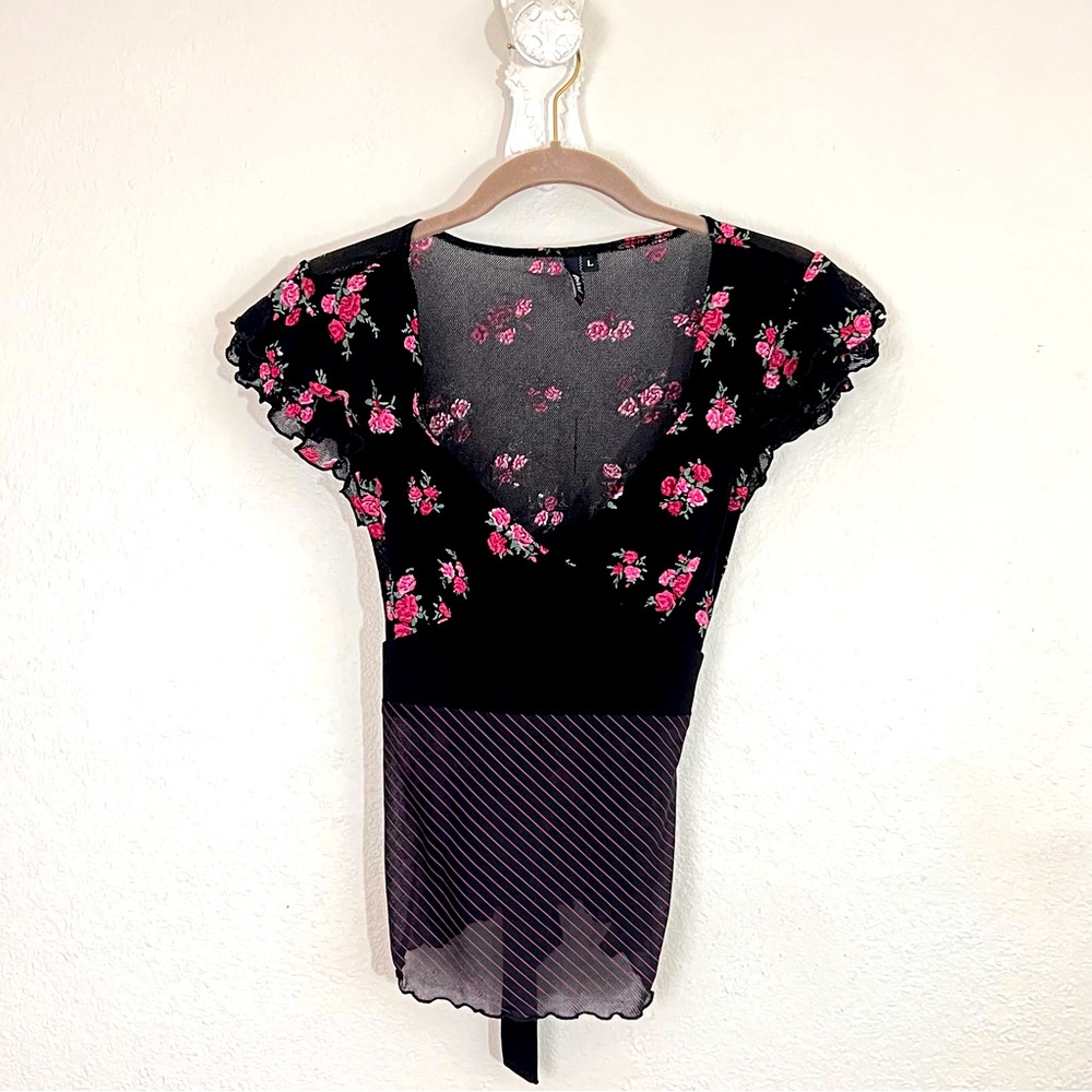Vintage 00s Trixxi Mesh Sheer Ruffle Cap Sleeve Belted Floral Boho Top